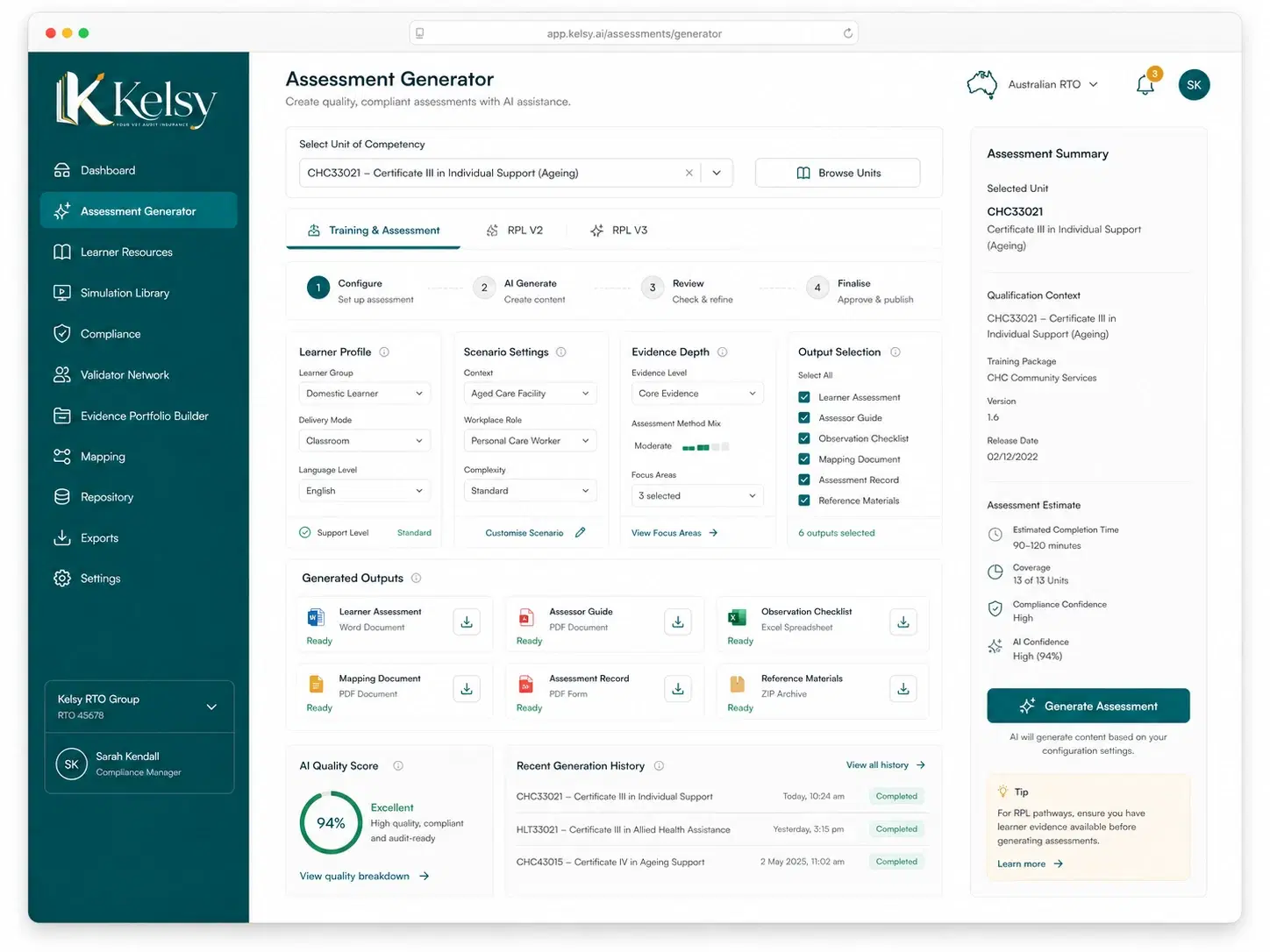 Assessment Generator with a unit of competency selected, learner profile, scenario settings, evidence depth and output selection configured, and the generated learner assessment, assessor guide, observation checklist, mapping document, assessment record and reference materials ready to download.